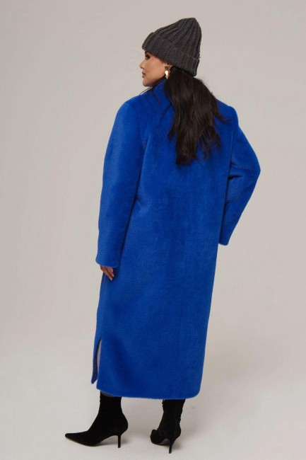 Однобортное синее пальто из экомеха купить заказать 