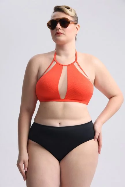 Топ бра халтер из ткани в рубчик со вставками сетка