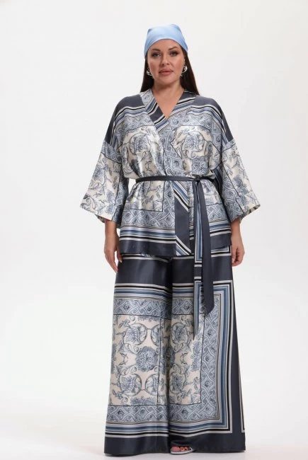 Брюки палаццо из поливискозы с голубым принтом – большой размер Plus Size – фото каталога