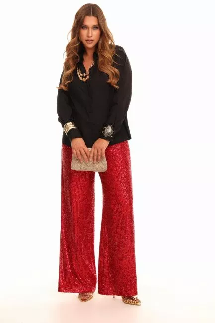 Красные палаццо с пайетками на подкладке