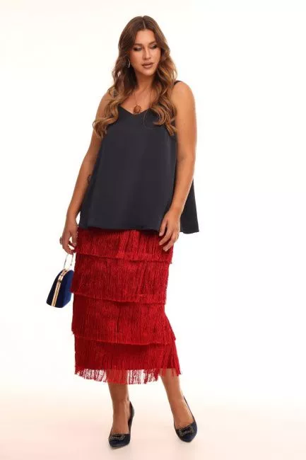 Красная макси юбка с бахромой и подкладкой