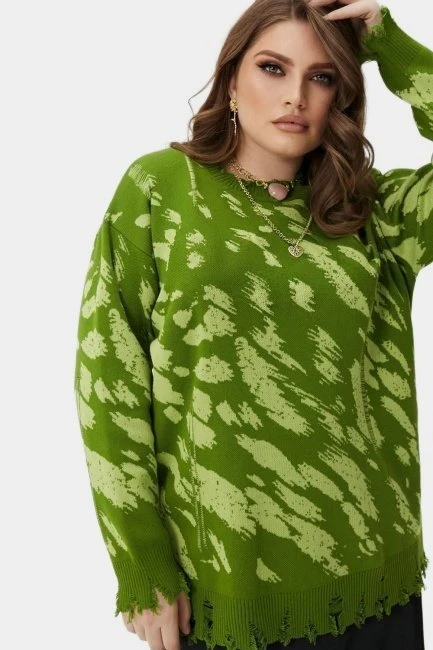 Джемпер с деконструкцией и салатовым принтом – большой размер Plus Size – фото каталога
