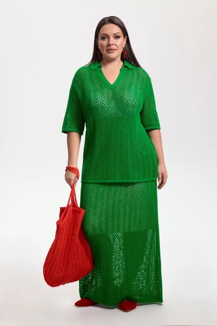 Джемпер поло и юбка из вязаного трикотажа сетка – большой размер Plus Size – фото каталога