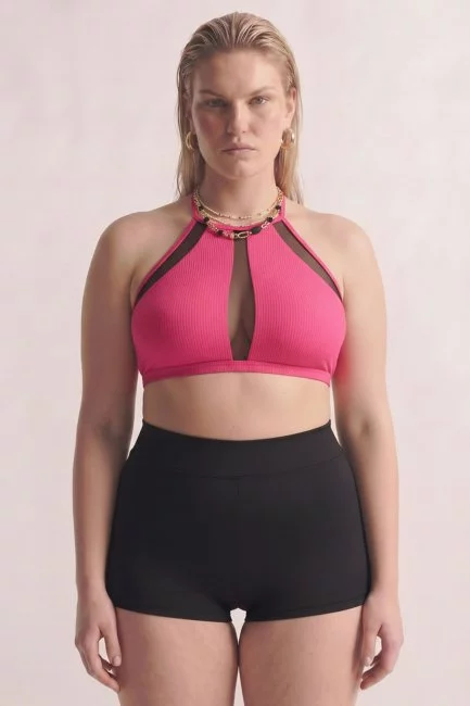 Топ бра халтер из ткани в рубчик со вставками сетка