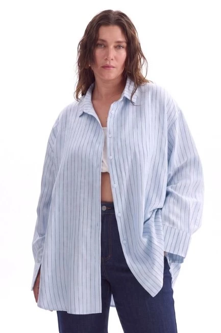 Рубашка оверсайз изо льна с полоской райе – большой размер Plus Size – фото каталога