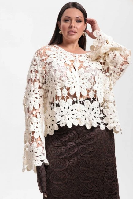 Кардиган кроше с вязкой цветы – большой размер Plus Size – фото каталога