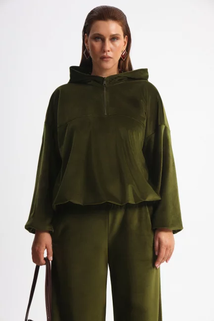 Худи халф-зип из велюра на подкладке