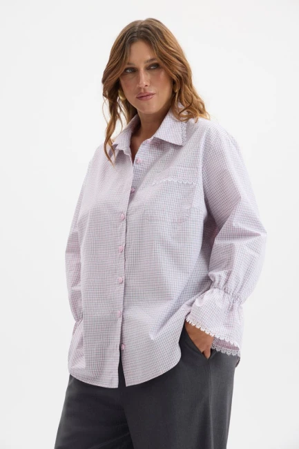 Блузка с кружевом и принтом клетка – фото – Plus Size 50–64 – Моно-Стиль