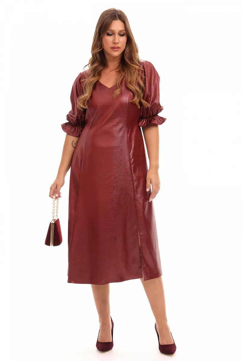 Платье с v-вырезом и рукавом фонарик из ткани с эффектом лаке Платье с v-вырезом и рукавом фонарик из ткани с эффектом лаке