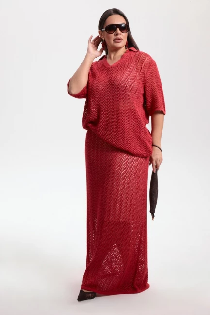 Юбка макси и джемпер поло из вязаного трикотажа сетка – фото – Plus Size 50–64 – Моно-Стиль