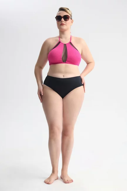 Топ бра халтер из ткани в рубчик со вставками сетка