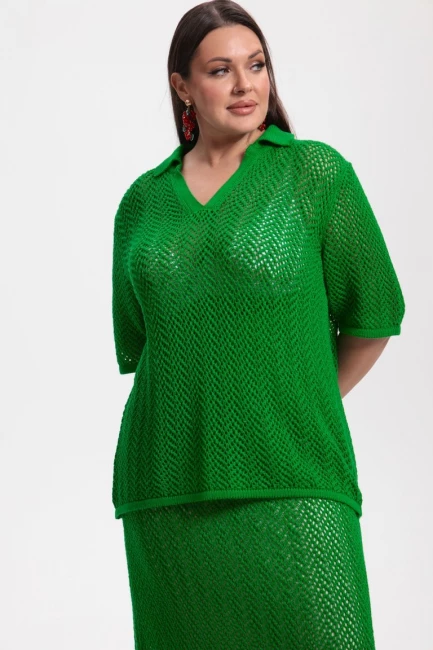 Джемпер поло и юбка из вязаного трикотажа сетка – фото – Plus Size 50–64 – Моно-Стиль