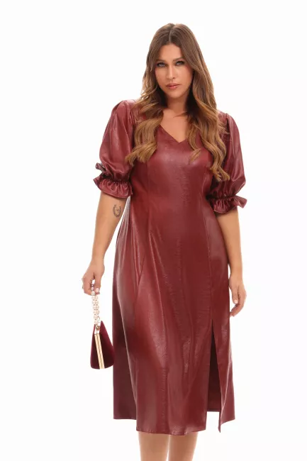 Платье с рукавом фонарик из ткани с эффектом лаке