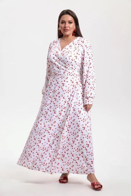 Платье макси на запáхе с принтом вишня – фото – Plus Size 50–64 – Моно-Стиль