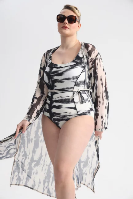Кардиган парео из сетки с черно-белым принтом