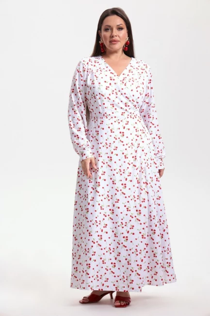 Платье макси на запáхе с принтом вишня – фото – Plus Size 50–64 – Моно-Стиль