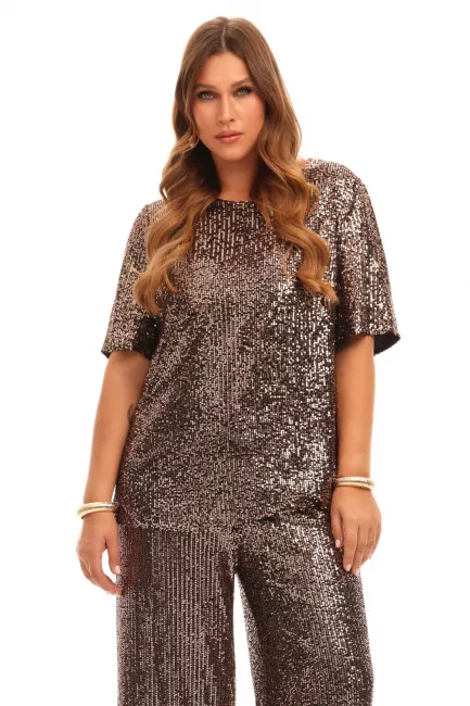 Блузка тишот с бронзовыми пайетками