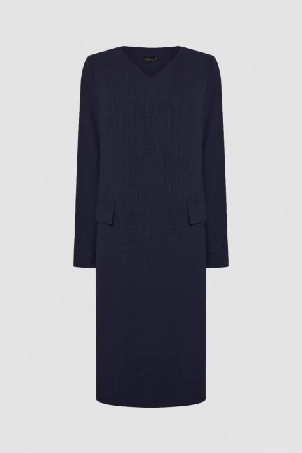 Темно-синее платье а-силуэта с v-вырезом