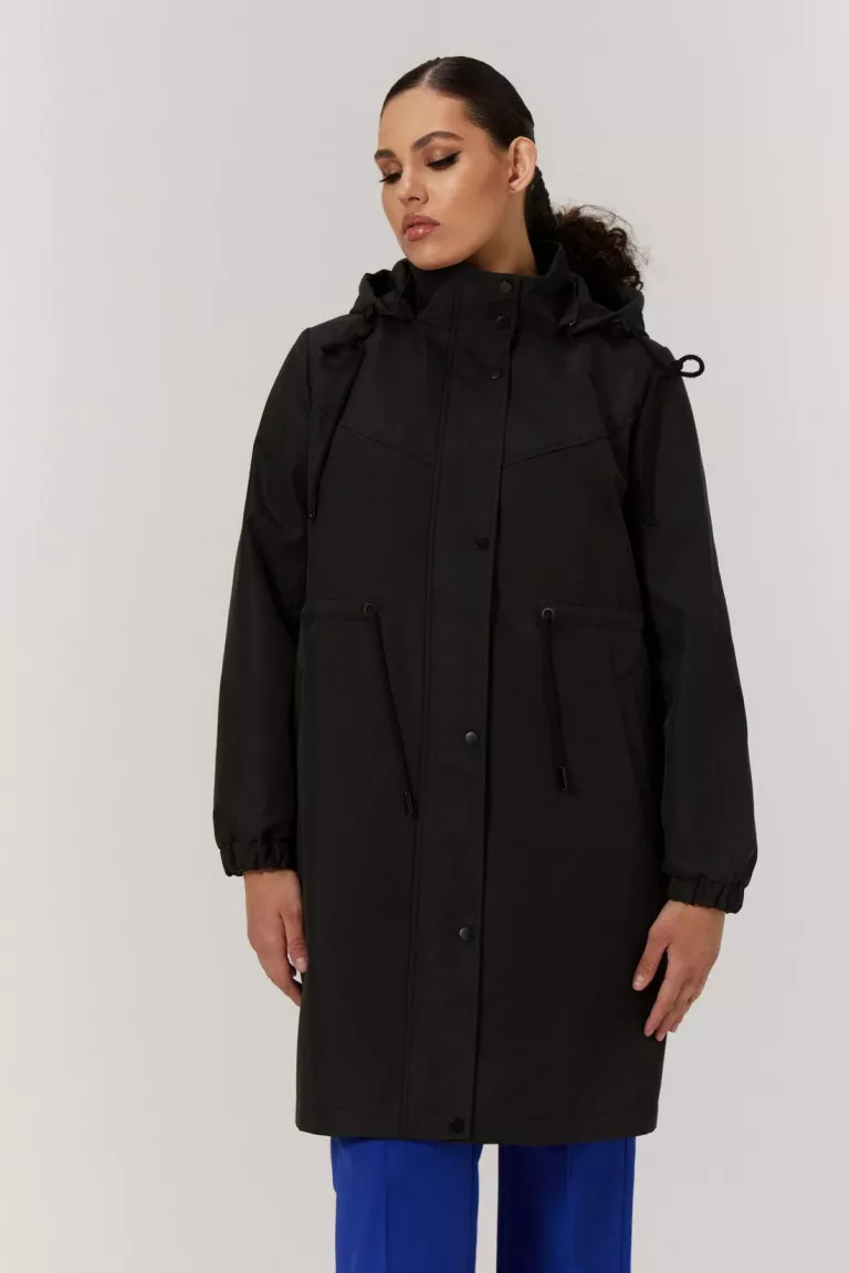 Черная укороченная парка тренч с капюшоном Черная укороченная парка тренч с капюшоном