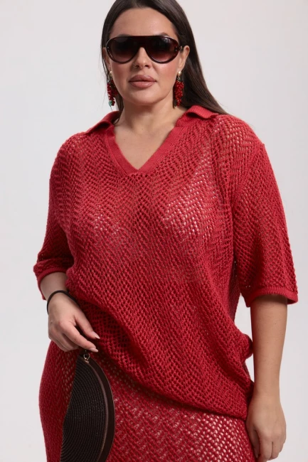 Юбка макси и джемпер поло из вязаного трикотажа сетка – фото – Plus Size 50–64 – Моно-Стиль