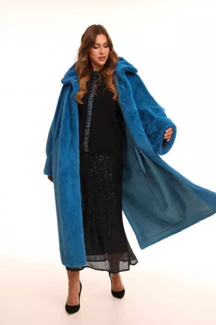 Меховое пальто из экомеха норки синего цвета на замшевой основе