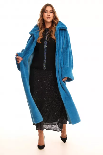 Меховое пальто из экомеха норки синего цвета на замшевой основе