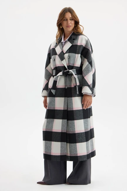 Пальто двубортное с принтом клетка из шерсти – фото – Plus Size 50–64 – Моно-Стиль