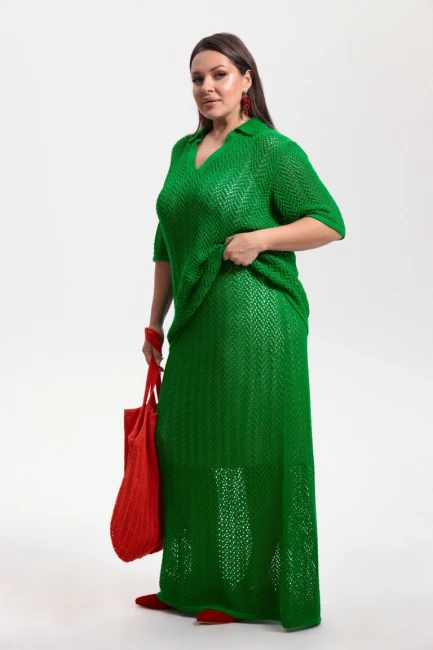 Джемпер поло и юбка из вязаного трикотажа сетка – фото – Plus Size 50–64 – Моно-Стиль