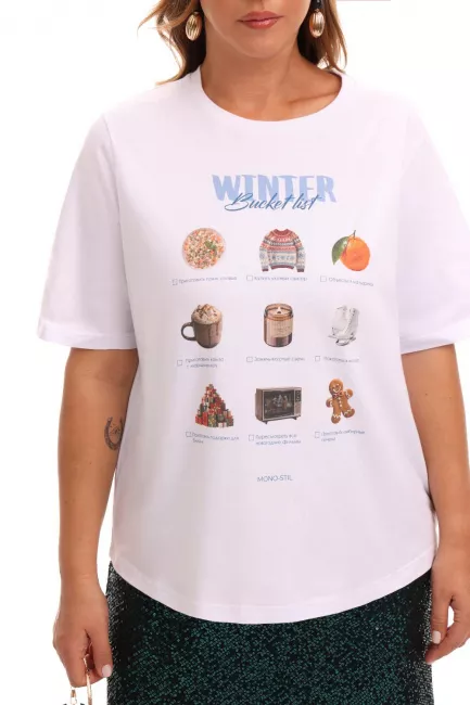 Белая футболка с принтом и рибаной