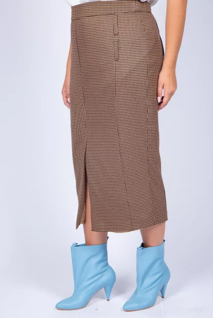 Юбка с принтом гусиная лапка и разрезом спереди