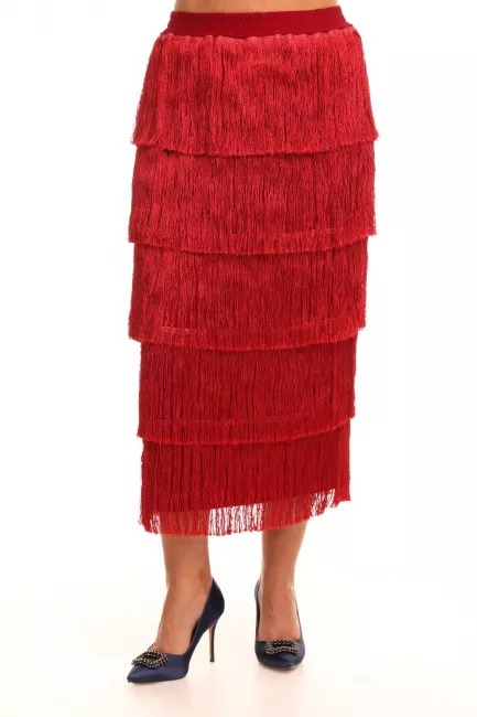 Красная макси юбка с бахромой и подкладкой