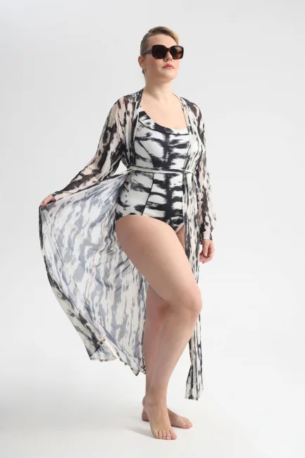 Кардиган парео из сетки с черно-белым принтом