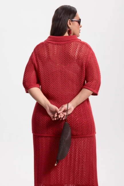 Юбка макси и джемпер поло из вязаного трикотажа сетка – фото – Plus Size 50–64 – Моно-Стиль