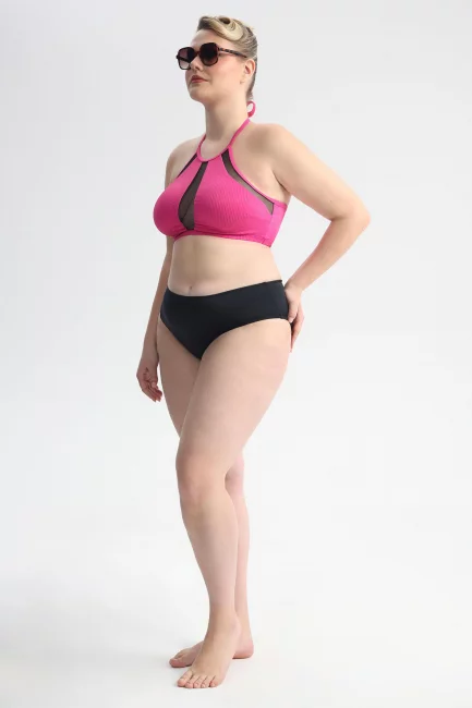 Топ бра халтер из ткани в рубчик со вставками сетка