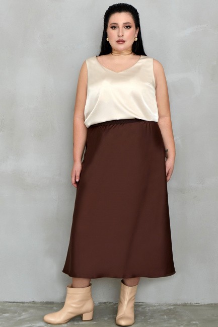 Шелковая юбка на подкладке коричневого цвета на фигуру плюс сайз купить 