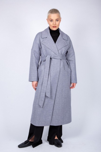 Базовое шерстяное пальто серого цвета на поясе
