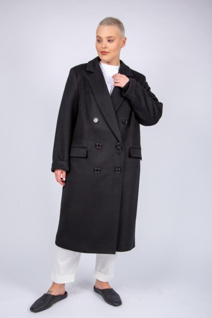 Черное двубортное пальто плюс сайз размеры