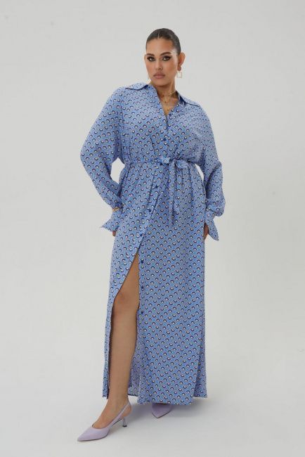 Платье макси на пуговицах из вискозы с голубым принтом