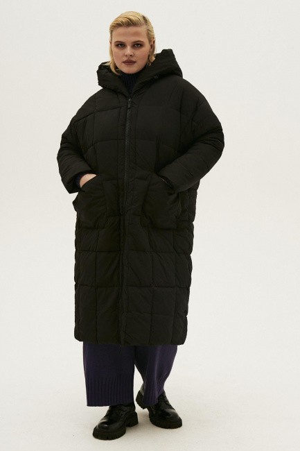Прямой черный пуховик пальто с накладным карманом модный  большого размера купить онлайн 