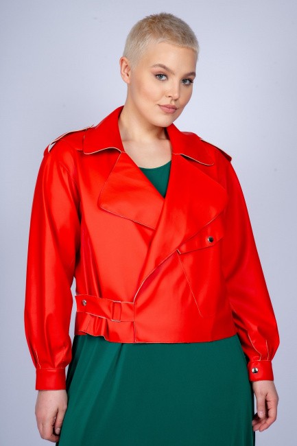 Куртка оранжевого цвета из экокожи с необработанным краем большого размера купить онлайн в интернет-магазине одежды больших размеров для женщин с доставкой 