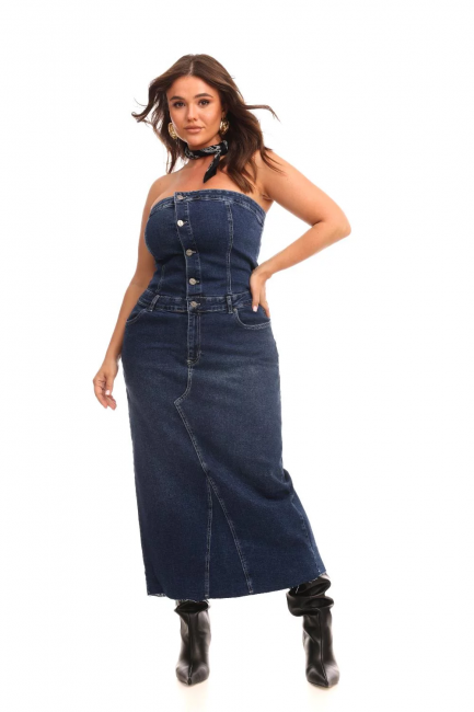 Платье бандо из денима с разрезом большой размер