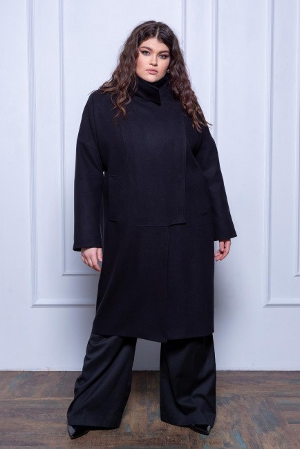 Черное пальто с боковой застежкой из смесовой шерсти