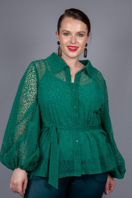 Двуслойная блузка с рукавом фонарик зеленого цвета