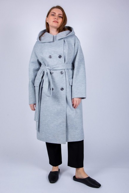 Прямое пальто на поясе из смесовой шерсти в голубом оттенке большого размера купить онлайн 