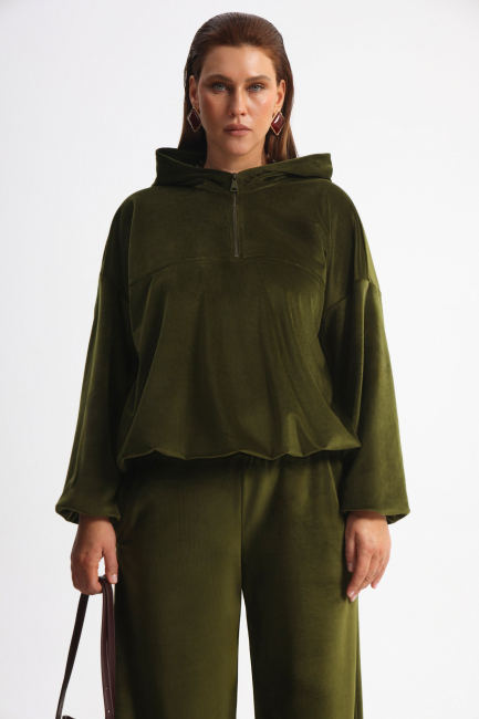 Худи халф-зип из велюра на подкладке