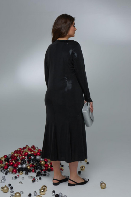 Приталенное макси платье с вырезом каре из трикотажа с металлизированным эффектом