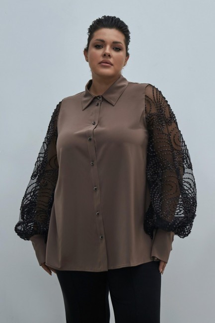 Шелковая блузка с рукавом фонарик из набивного кружева купить в ассортименте модные образы