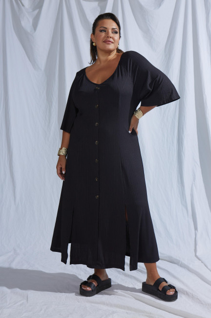 Черное трикотажное платье в рубчик с разрезами в длине макси на лето купить