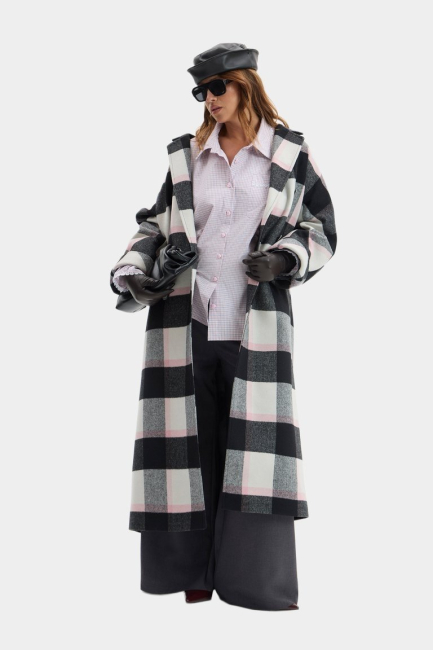 Пальто двубортное с принтом клетка из шерсти – фото – Plus Size 50–64 – Моно-Стиль