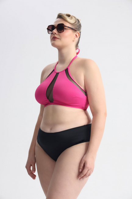 Топ бра халтер из ткани в рубчик со вставками сетка